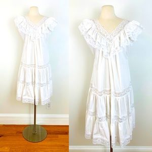 Vintage 80s white Mexican wedding cotton blend + lace midi dress